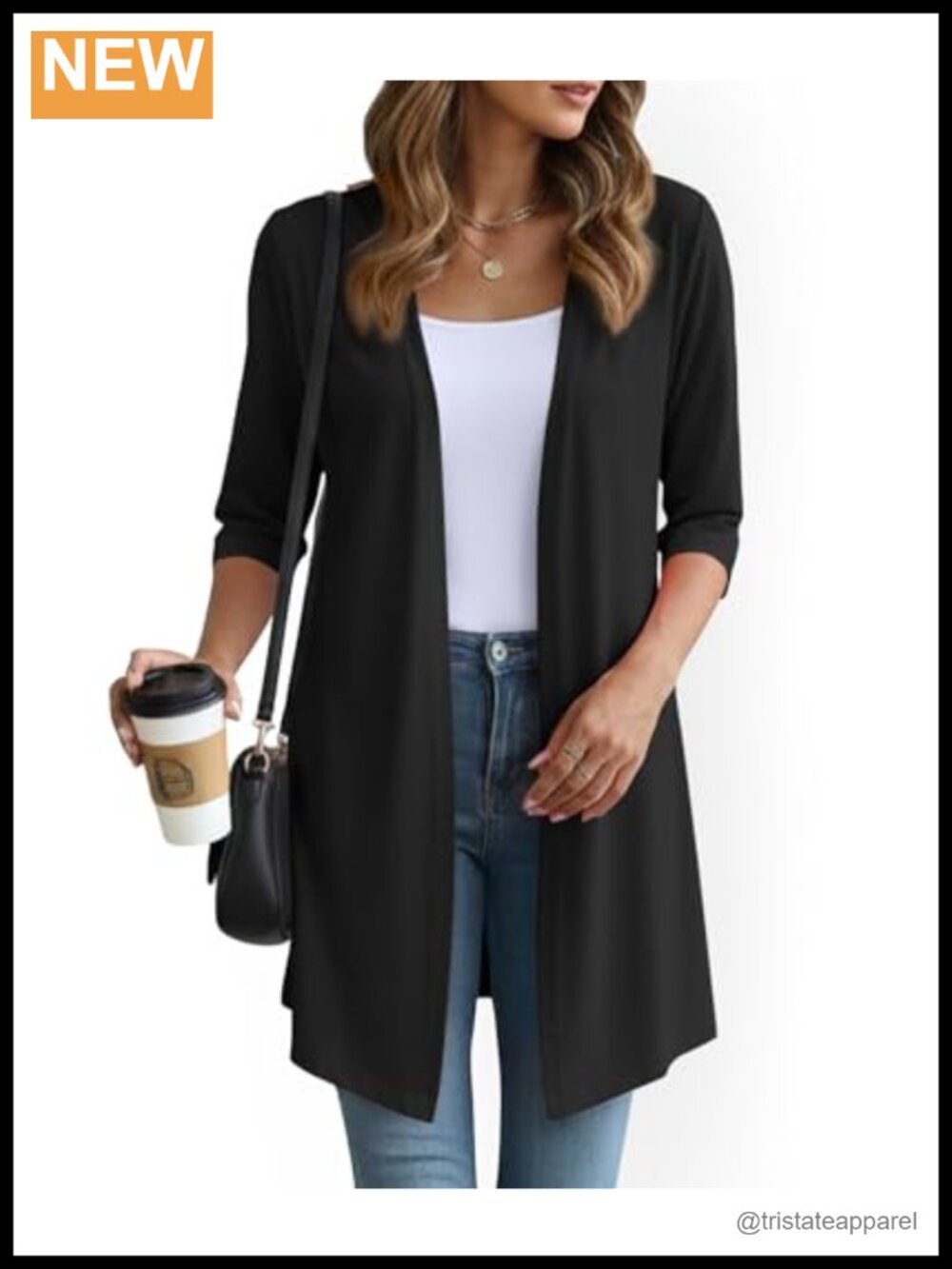 Lightweight Open Front Cardigan 3/4 Sleeve Polyester Spandex